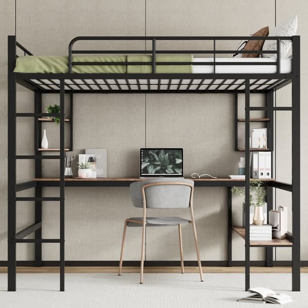 Mezzanine järnsäng - 140x200cm - med skrivbord och 5 hyllor - Svart