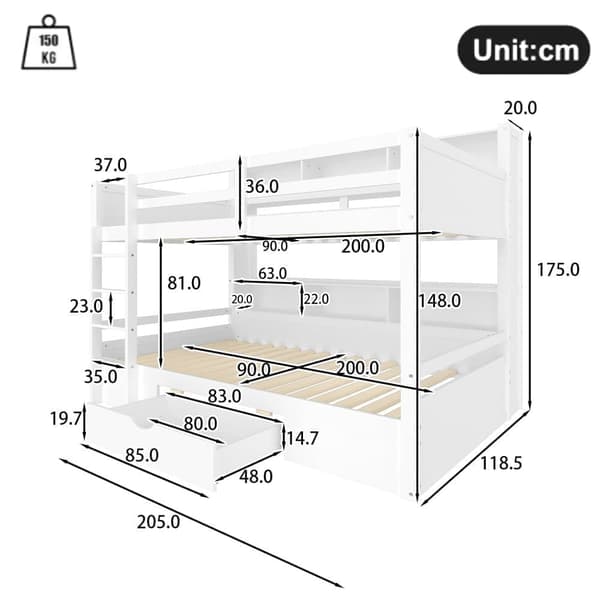 Våningssäng för barn 2x90x200cm - med en låda och fack - vit