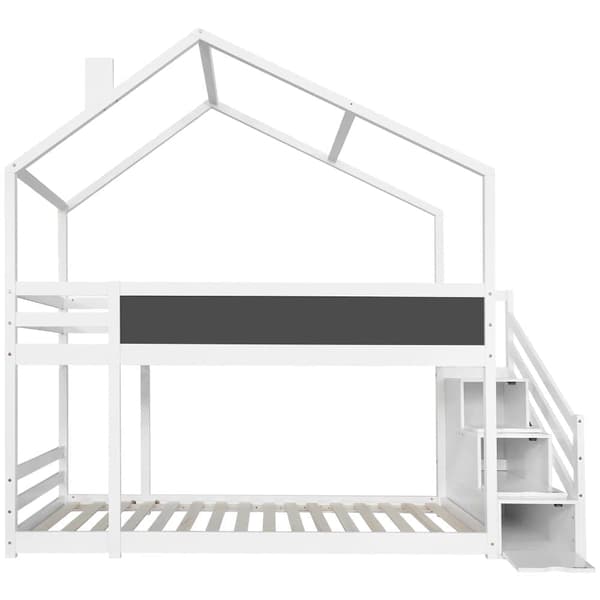 Etagenbett 90 x 200 cm mit Stauraumtreppe (2 Schubladen) und einer Tafel – Rahmen aus massivem Kiefernholz – weiß