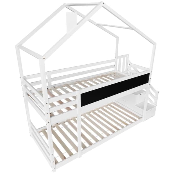 Etagenbett 90 x 200 cm mit Stauraumtreppe (2 Schubladen) und einer Tafel – Rahmen aus massivem Kiefernholz – weiß