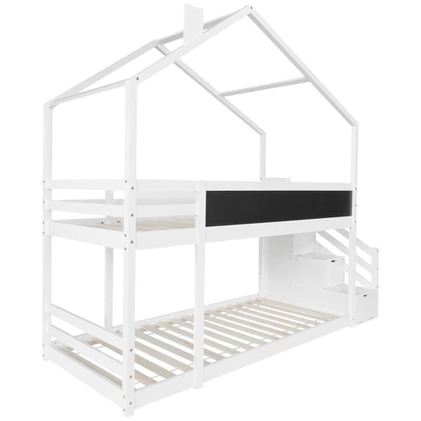 Etagenbett 90 x 200 cm mit Stauraumtreppe (2 Schubladen) und einer Tafel – Rahmen aus massivem Kiefernholz – weiß