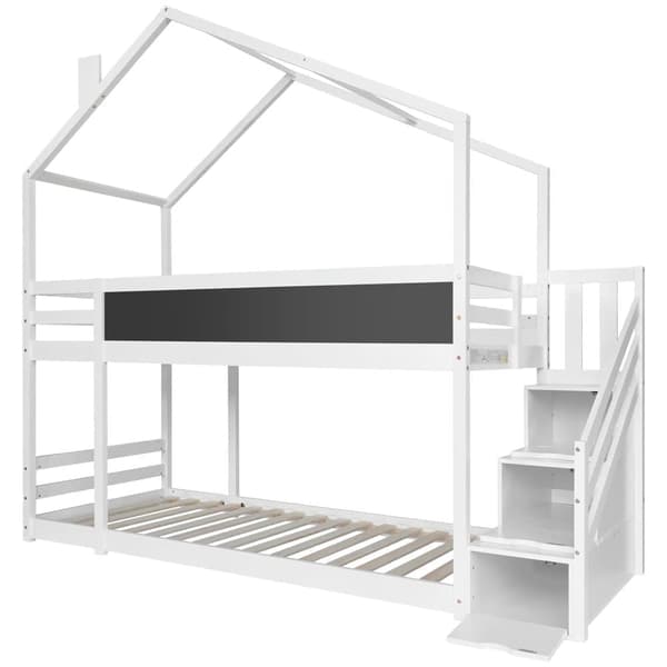 Etagenbett 90 x 200 cm mit Stauraumtreppe (2 Schubladen) und einer Tafel – Rahmen aus massivem Kiefernholz – weiß