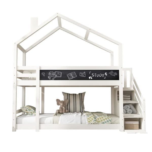 Etagenbett 90 x 200 cm mit Stauraumtreppe (2 Schubladen) und einer Tafel – Rahmen aus massivem Kiefernholz – weiß