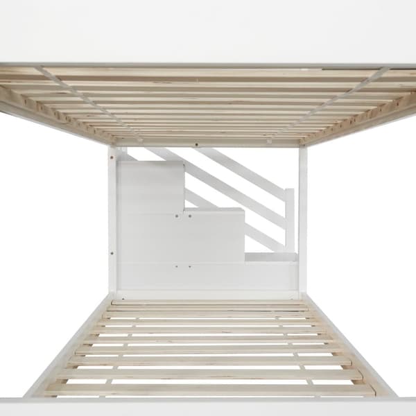 Etagenbett 90 x 200 cm mit Stauraumtreppe (2 Schubladen) und einer Tafel – Rahmen aus massivem Kiefernholz – weiß