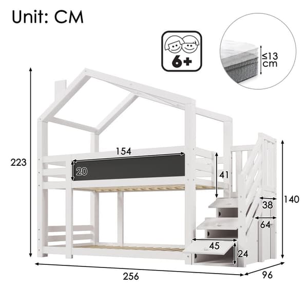 Etagenbett 90 x 200 cm mit Stauraumtreppe (2 Schubladen) und einer Tafel – Rahmen aus massivem Kiefernholz – weiß