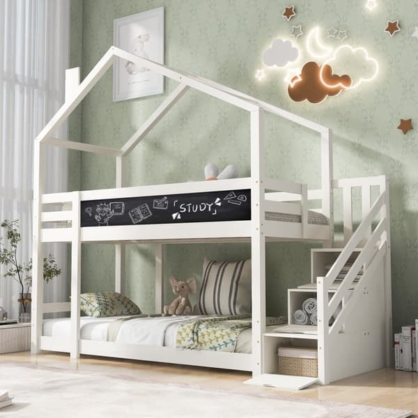 Etagenbett 90 x 200 cm mit Stauraumtreppe (2 Schubladen) und einer Tafel – Rahmen aus massivem Kiefernholz – weiß