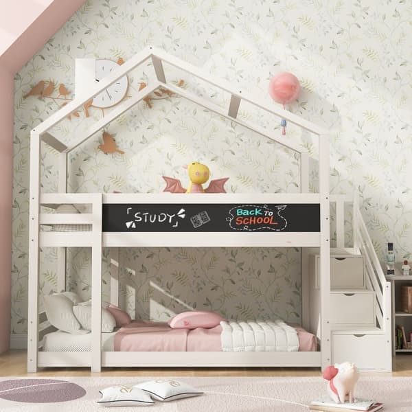 Etagenbett 90 x 200 cm mit Stauraumtreppe (2 Schubladen) und einer Tafel – Rahmen aus massivem Kiefernholz – weiß