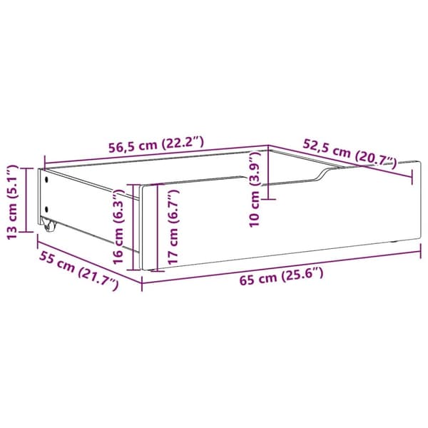 vidaXL Sengeskuffer med hjul 2 stk 65x55x17 cm heltre furu