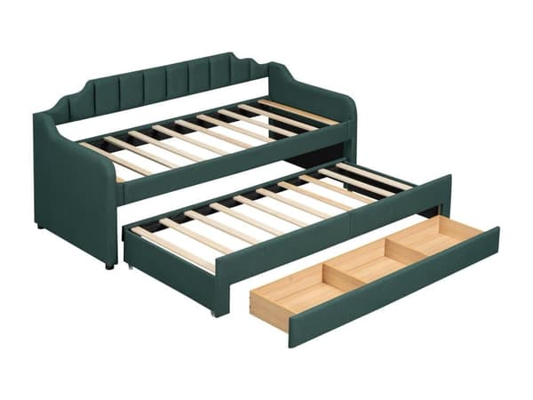 Bänkbädd med lådor klädd i linne - 90x200cm + 90x190cm - Fir Green