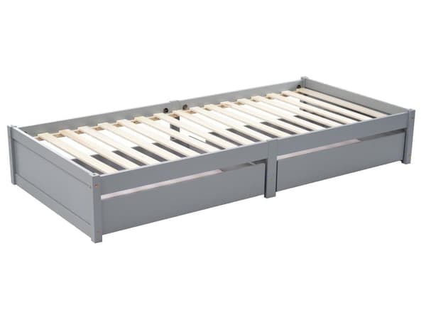 90x200cm barnsäng i massivt trä med säkerhetsskena och 2 lådor - Grå