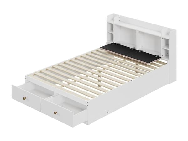 Lit double en bois massif 140x200cm - avec tiroirs et tabouret de rangement - Blanc