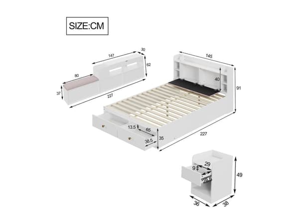 Lit double en bois massif 140x200cm - avec tiroirs et tabouret de rangement - Blanc