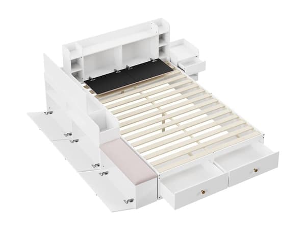 Lit double en bois massif 140x200cm - avec tiroirs et tabouret de rangement - Blanc