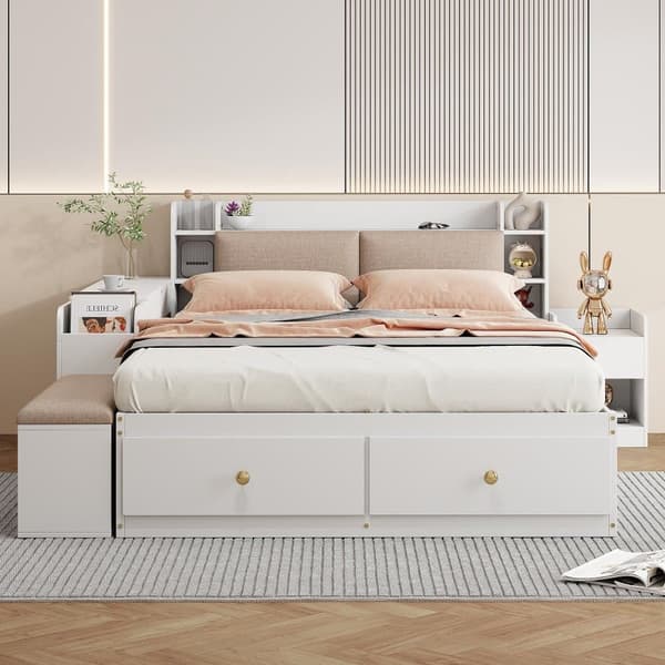 Lit double en bois massif 140x200cm - avec tiroirs et tabouret de rangement - Blanc