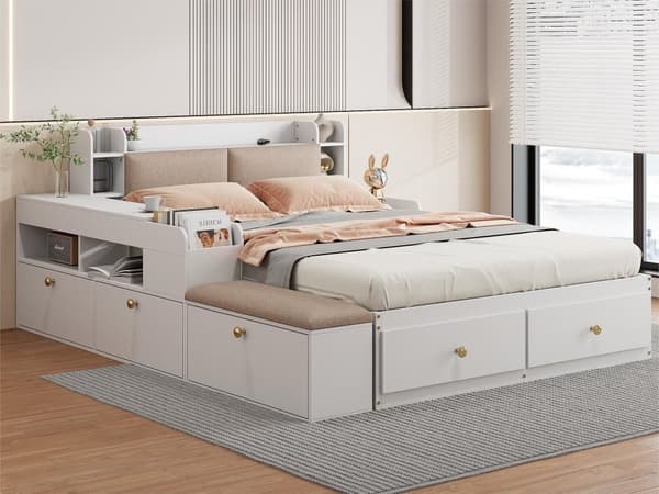 Lit double en bois massif 140x200cm - avec tiroirs et tabouret de rangement - Blanc