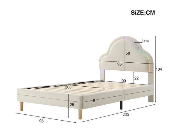Fløjlsbeklædt tremmeseng med flerfarvede LED'er - Skyformet sengegavl - Træbund - 90x200cm - Beige