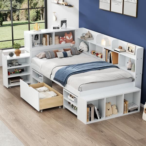 90x200cm MDF seng - med multifunktionel opbevaring og en lille aftagelig reol - med elastisk bund - hvid