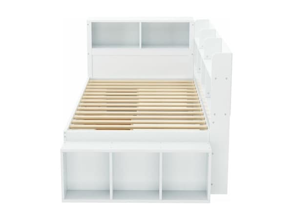 90x200cm MDF seng - med multifunktionel opbevaring og en lille aftagelig reol - med elastisk bund - hvid