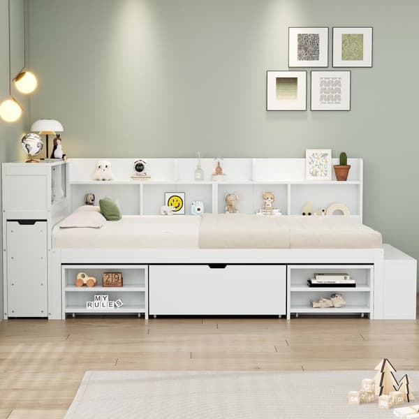 90x200cm MDF seng - med multifunktionel opbevaring og en lille aftagelig reol - med elastisk bund - hvid