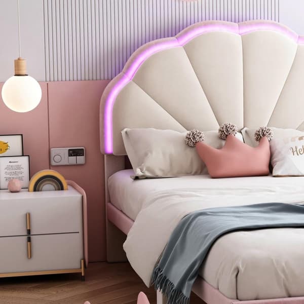 Velour tremmeseng med LED - skalformet sengegavl - med elastisk bund