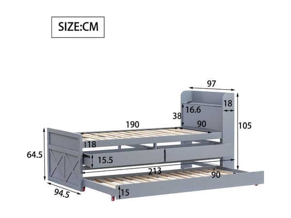 Sovesofa i massivt træ - 90x190cm - med 2 skuffer og USB-opladningsport på hylden - grå