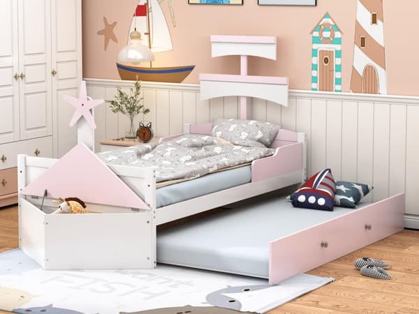 Barnsäng 90x200cm i trä - med 90x190cm bäddsoffa och kista - segelbåtsform Rosa