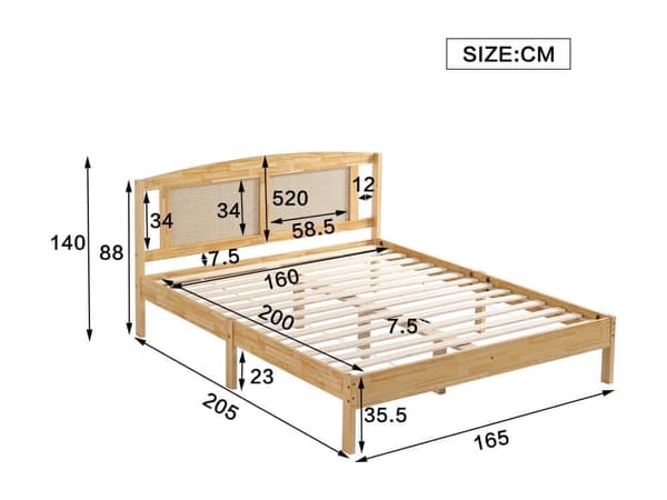 Dobbeltseng til voksne 160X200 cm - sengegavl i fyrretræ og rattan - Naturseng