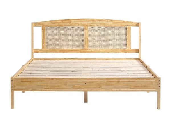 Dobbeltseng til voksne 160X200 cm - sengegavl i fyrretræ og rattan - Naturseng