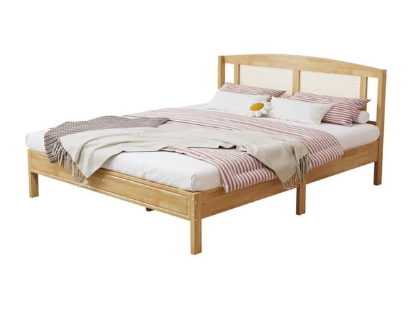 Dobbeltseng til voksne 160X200 cm - sengegavl i fyrretræ og rattan - Naturseng
