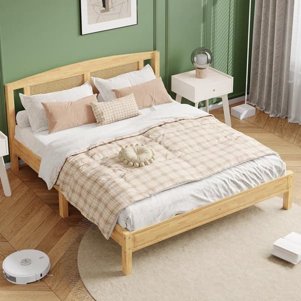 Dobbeltseng til voksne 160X200 cm - sengegavl i fyrretræ og rattan - Naturseng
