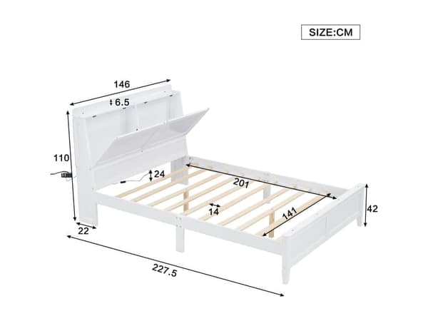 140x200cm dobbeltseng med LED og sammenklappeligt natbord - træ og MDF - hvid