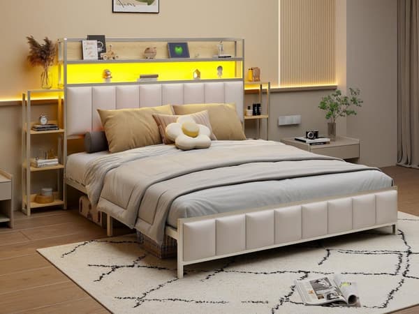 Säng i läderimitation - med LED och hyllor Vit 160*200 cm