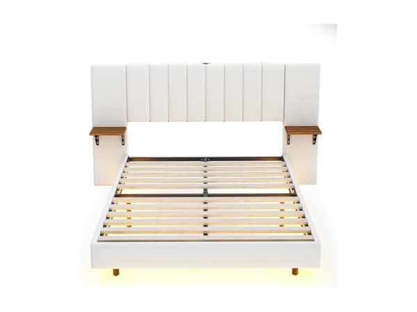 Seng betrukket med hørstof - med LED + USB-port + sidehylder