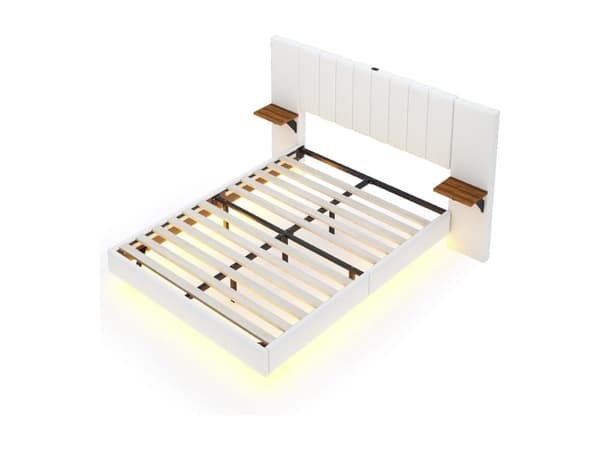 Seng betrukket med hørstof - med LED + USB-port + sidehylder