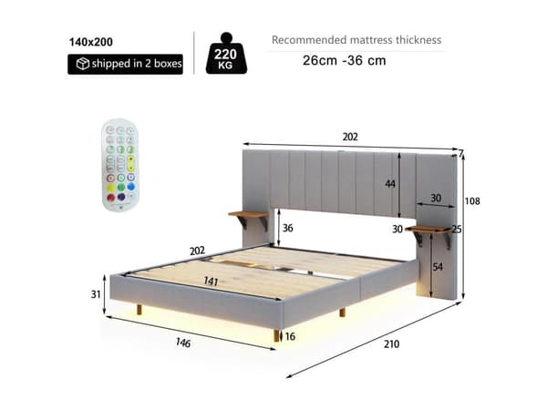 Seng betrukket med hørstof - med LED + USB-port + sidehylder