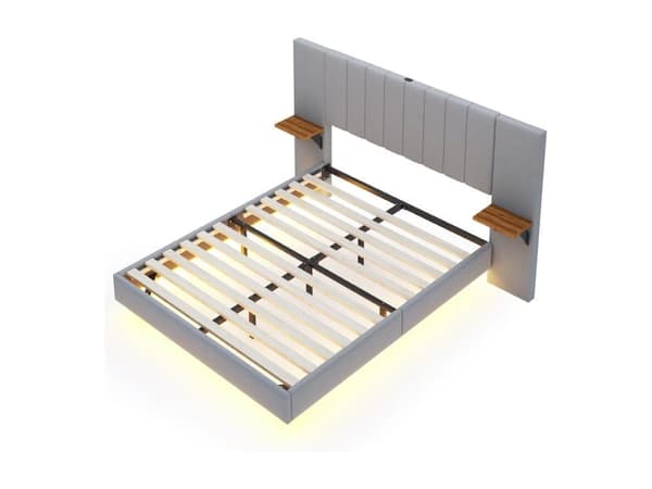 Seng betrukket med hørstof - med LED + USB-port + sidehylder