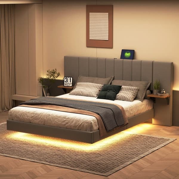 Seng betrukket med hørstof - med LED + USB-port + sidehylder
