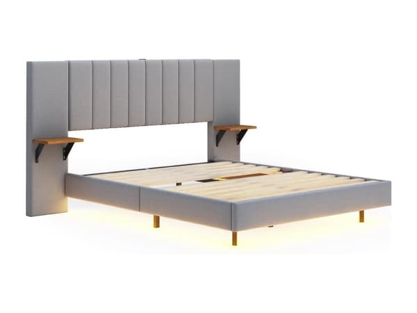 Seng betrukket med hørstof - med LED + USB-port + sidehylder