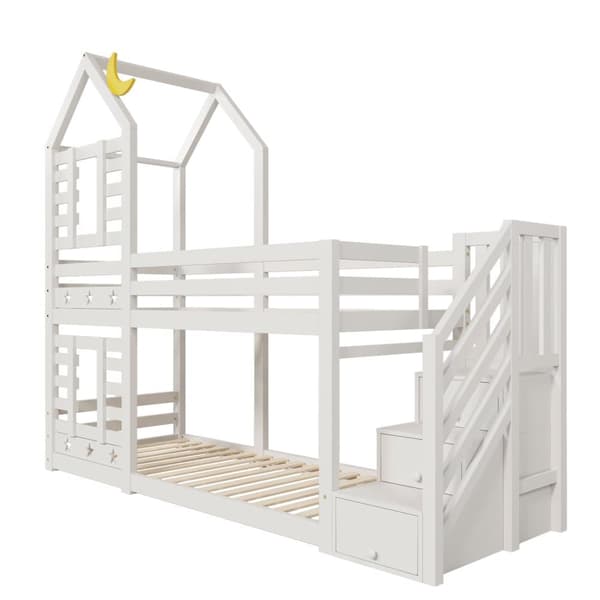 Lit superposé Cabane 90x200cm en pin massif avec escalier de rangement - 2 sommiers à lattes - Blanc
