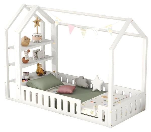Lys enfant cabane 90x200cm avec 3 étagères et barrières de sécurité - Naturel