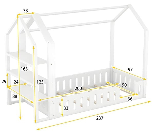 Lys enfant cabane 90x200cm avec 3 étagères et barrières de sécurité - Naturel
