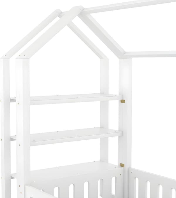 Lys enfant cabane 90x200cm avec 3 étagères et barrières de sécurité - Naturel