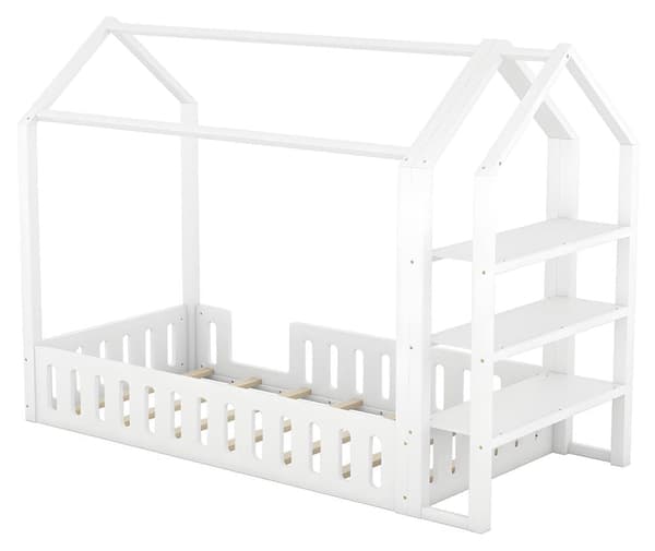 Lys enfant cabane 90x200cm avec 3 étagères et barrières de sécurité - Naturel