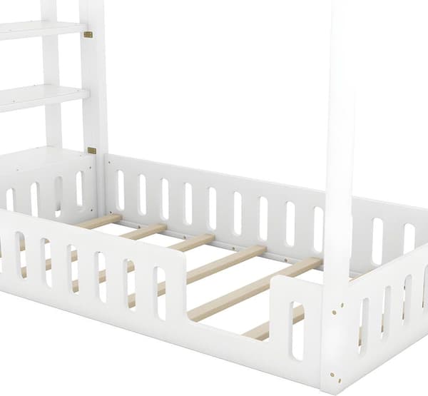 Lys enfant cabane 90x200cm avec 3 étagères et barrières de sécurité - Naturel