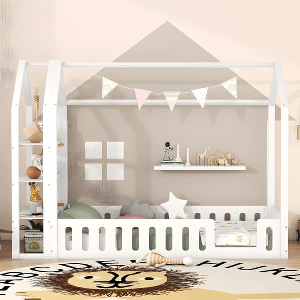 Lys enfant cabane 90x200cm avec 3 étagères et barrières de sécurité - Naturel