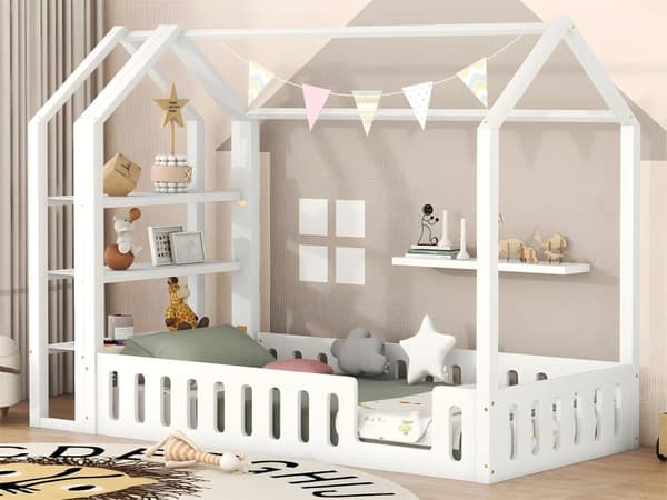 Lys enfant cabane 90x200cm avec 3 étagères et barrières de sécurité - Naturel Hvid