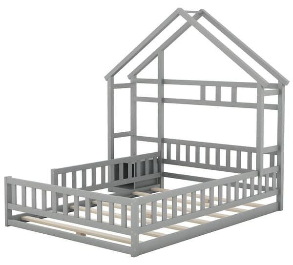 Barnstugasäng 140x200cm med sängbord och säkerhetsskenor - bottenplatta - Vit