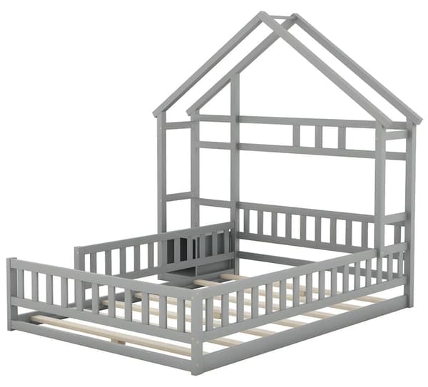 Barnstugasäng 140x200cm med sängbord och säkerhetsskenor - bottenplatta - Vit