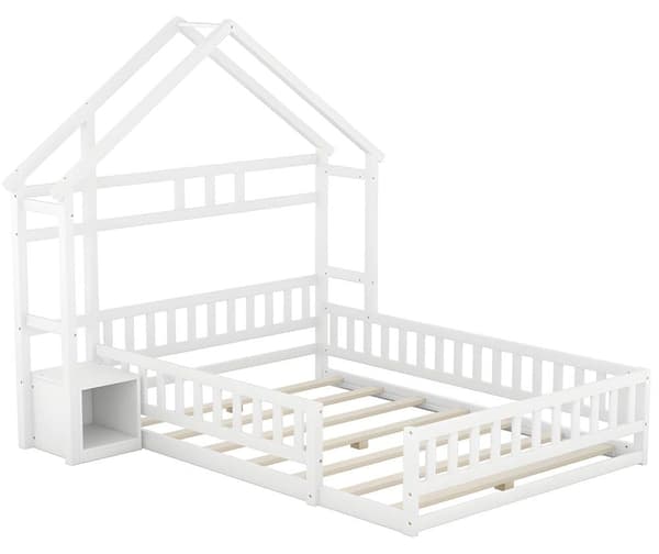 Barnstugasäng 140x200cm med sängbord och säkerhetsskenor - bottenplatta - Vit