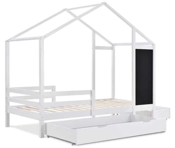 Kabineseng 90x200cm - Massivt træ - med skrivetavle og 2 skuffer - hvid